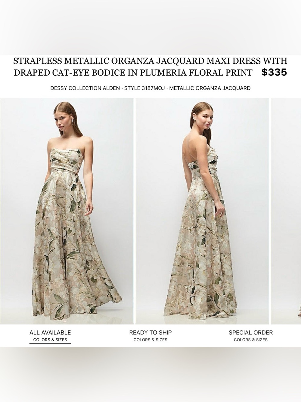 Dessy Collection Strapless Metallic Organza Jacquard Maxi Dress - Cream & Green
